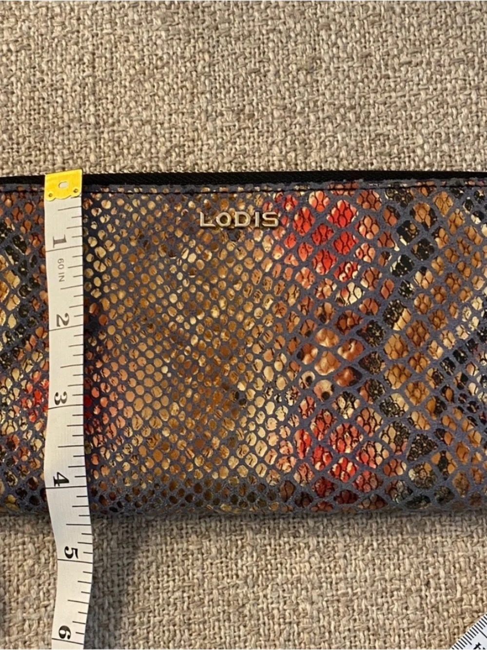 Lodis Embossed Snake Print Zip Around Wallet Brown Rust